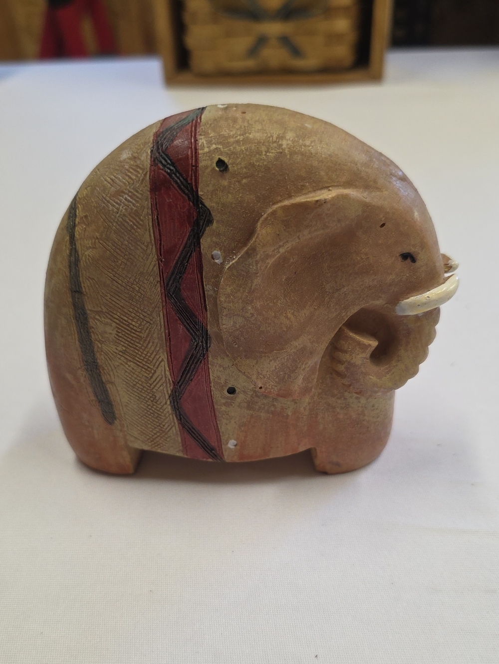 Vintage 4-inch Hard Resin Elephant Figurine with Painted Tribal-style Markings